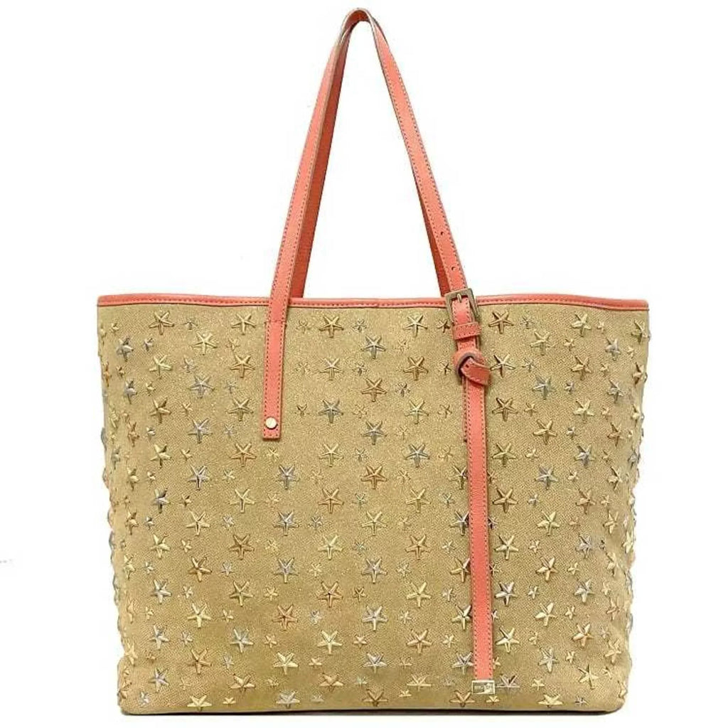 Pre-Owned Jimmy Choo Tote Bag Beige Pink Silver Sarah Studs Star Canvas Leather Women's (Good)