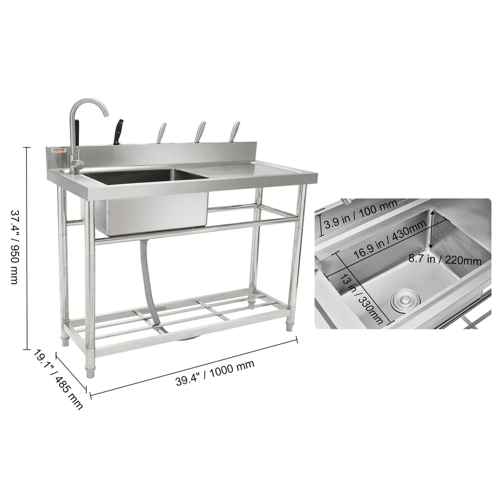 BENTISM Stainless Steel Utility Sink Single Bowl w/Workbench 39.4 x 19.1 x 37.4 in