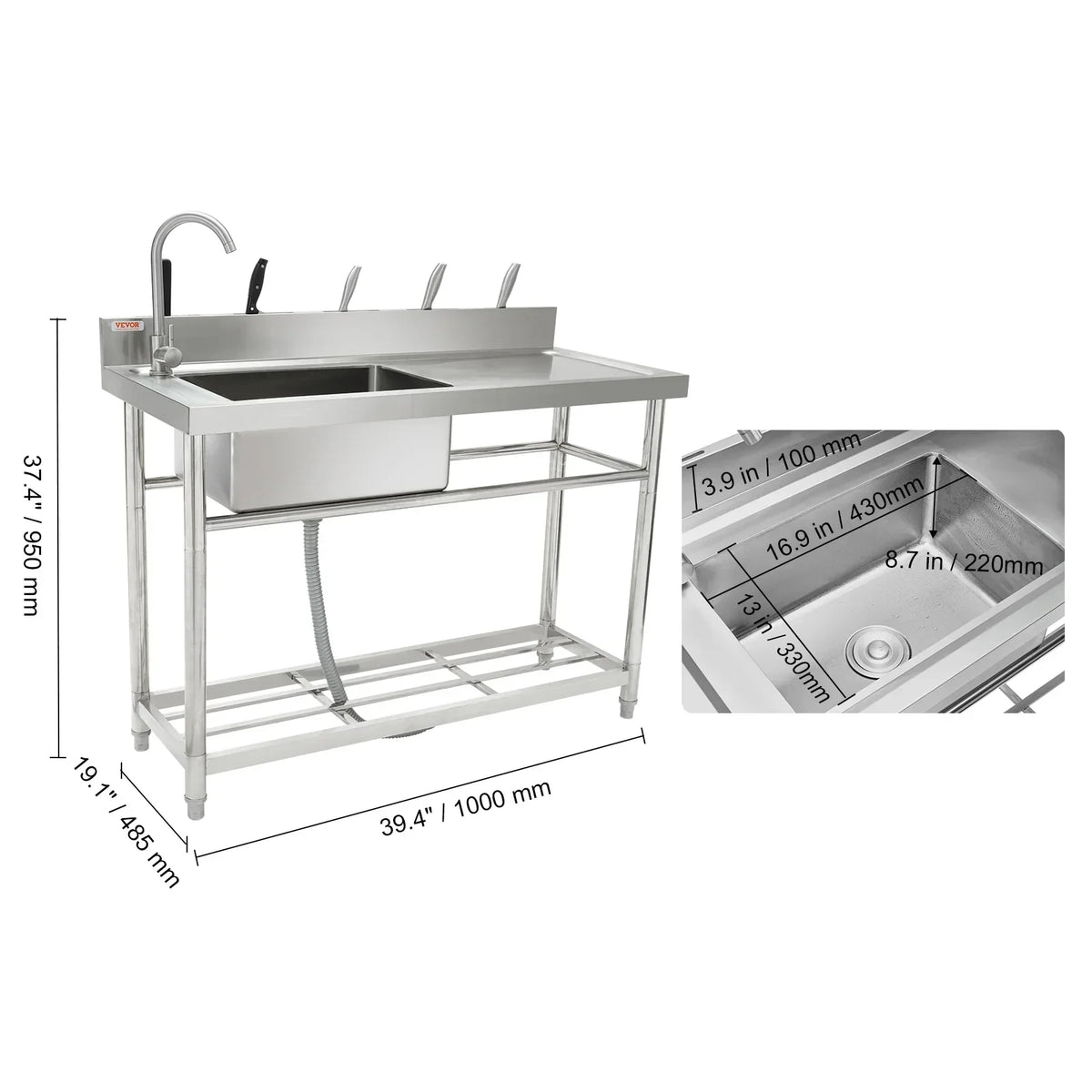 BENTISM Stainless Steel Utility Sink Single Bowl w/Workbench 39.4 x 19.1 x 37.4 in