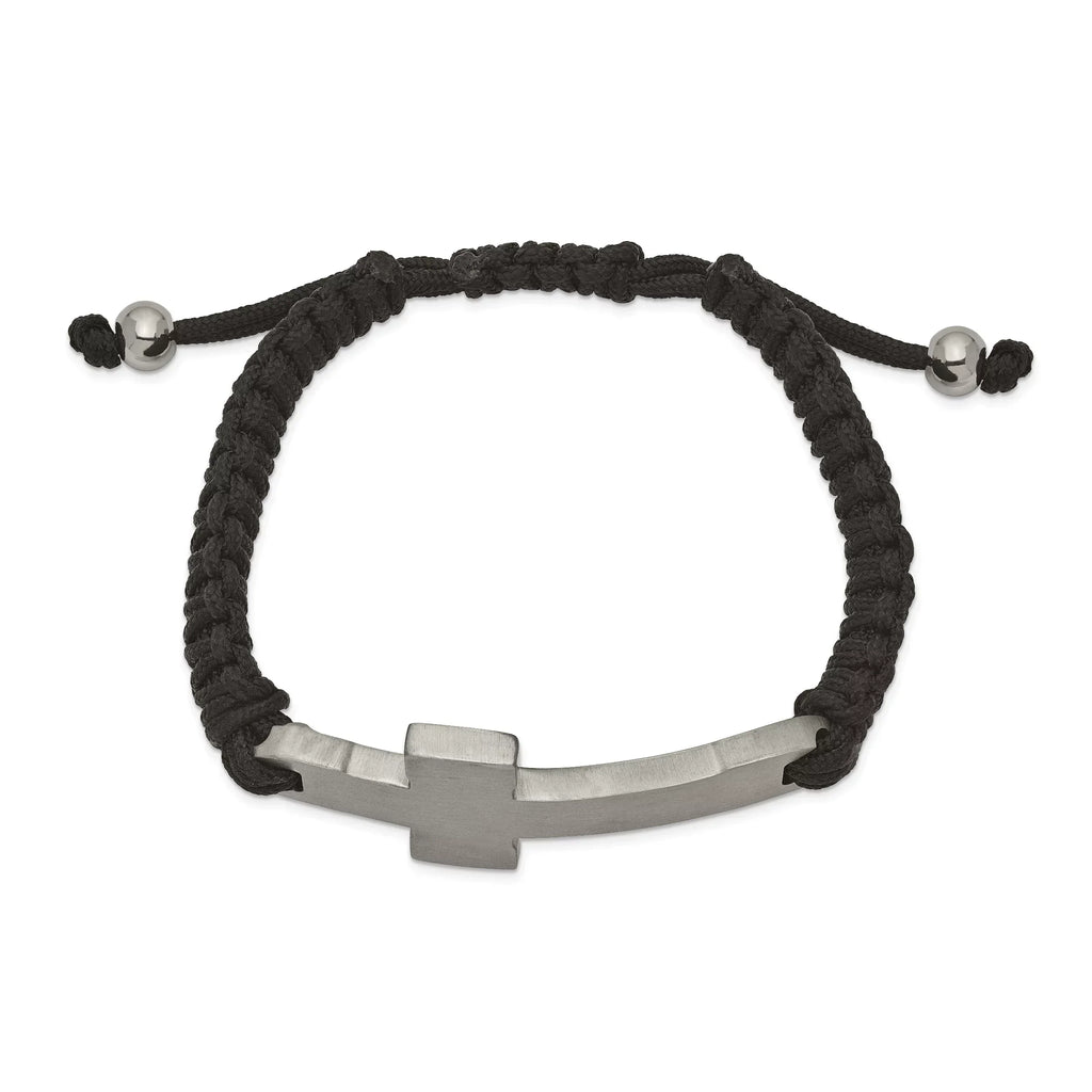 Primal Steel Stainless Steel Brushed and Polished Black Nylon Adjustable Cross Bracelet