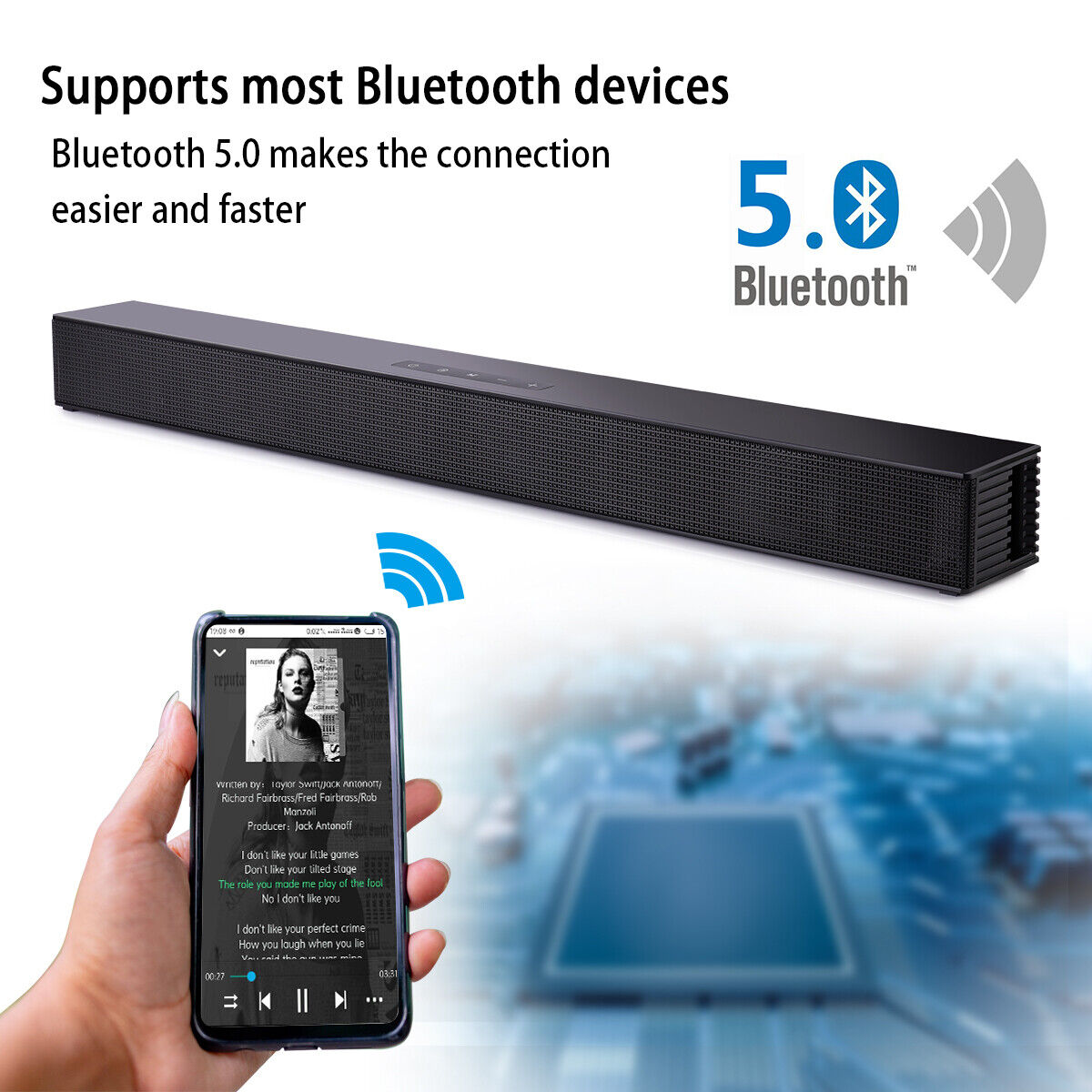 CJC Sound Bars for TV PC Gaming Monitor Sound Bar with Bluetooth 5.0/HDMI ARC/AUX/USB Bass Adjustable Wall Mountable