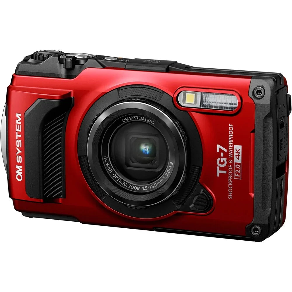 Olympus OM SYSTEM Tough TG-7 Digital Camera (Red) + Tripod + Case - 64GB Kit