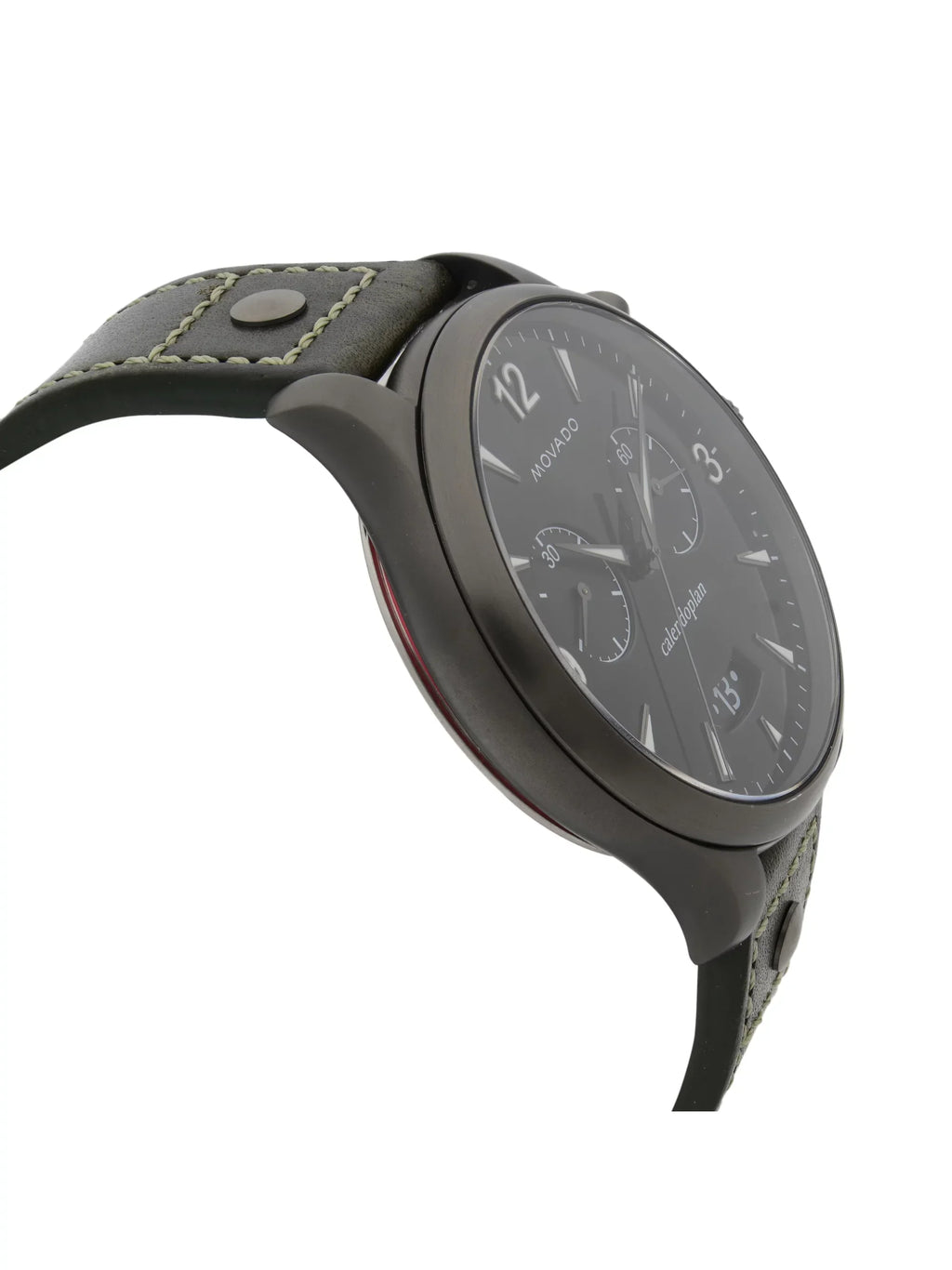 Movado Heritage Gunmetal Steel Green Leather Black Dial Quartz Watch 3650029 Pre-Owned