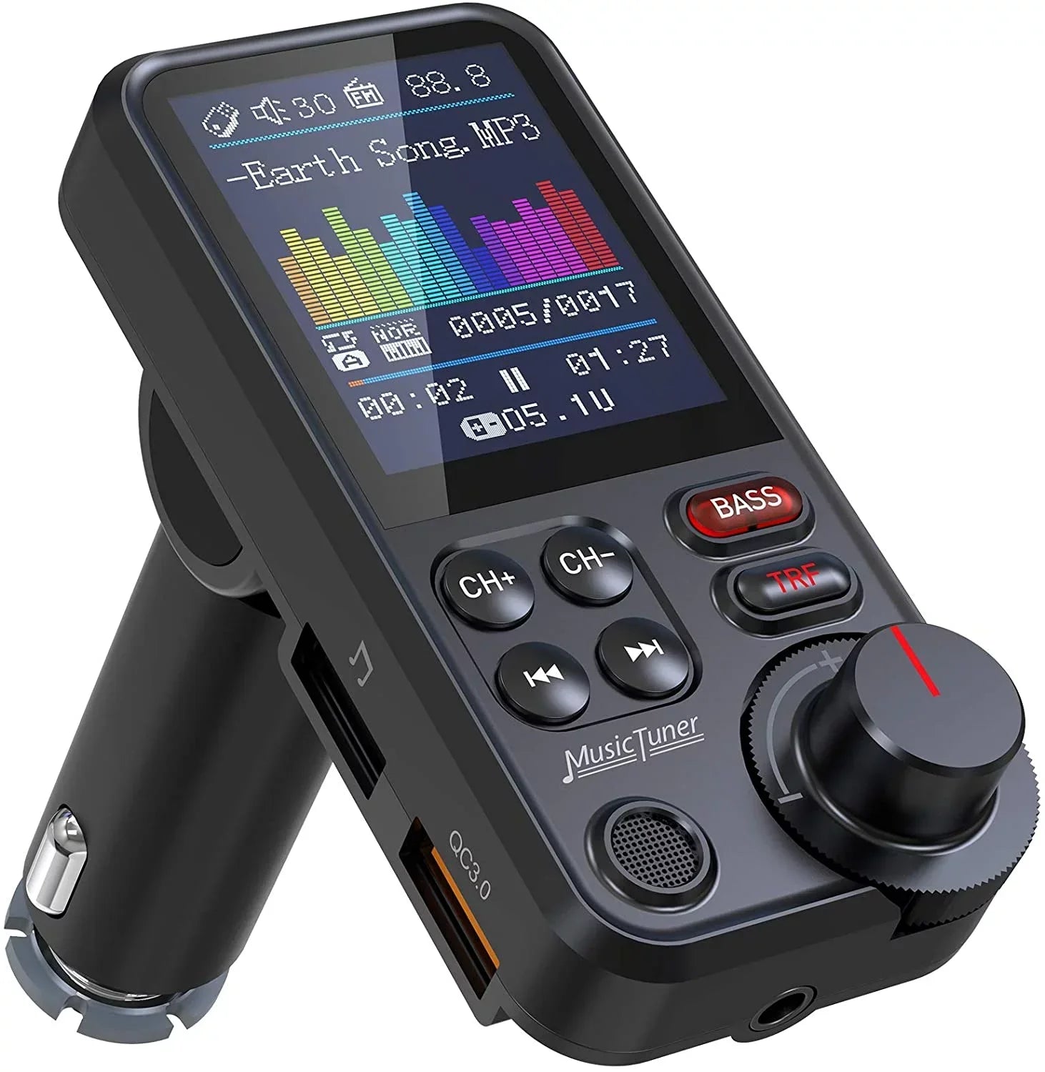 FM Bluetooth Transmitter for car, Strong Microphone Bluetooth Car Adapter with 1.8" Color Screen for Hands Free Calls, Supports QC3.0 Charging, Treble and Bass Sound Music Player- KM30