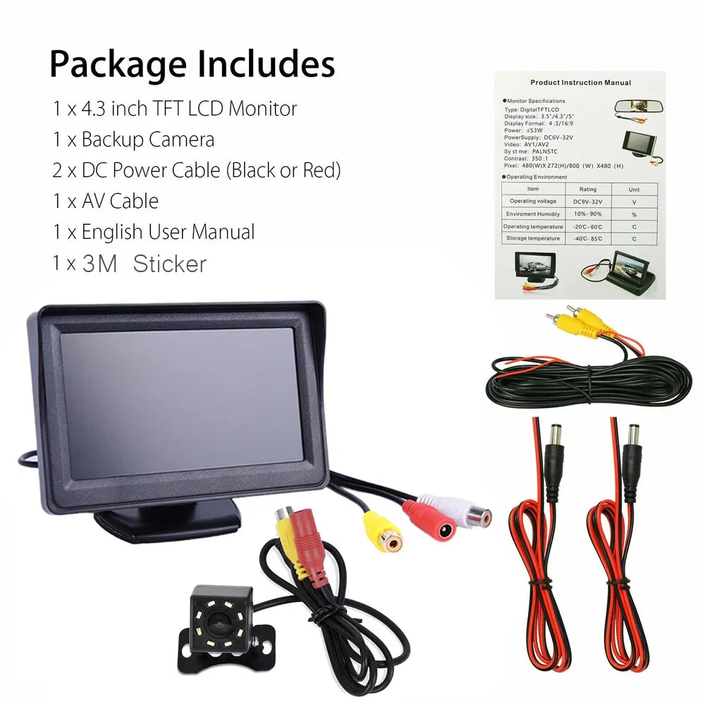Backup Camera 4.3 Inch HD 720P Car Backup Camera for Cars, Trucks, Pickups, Suvs Easy Installation Waterproof Night Vision 8 LED Rear Backup Camera One Power System Reverse/Continuous Use Grid Lines