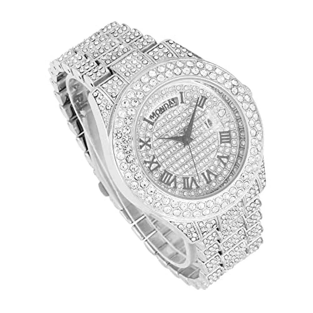 Charles Raymond Big Rocks Fully Iced Out Diamond Mens Watch w/Easy Read Date &Day and Colorful Dials- Designer Hip Hop Blinged Out Timepiece - ST10535 (ST10535-RN Silver)