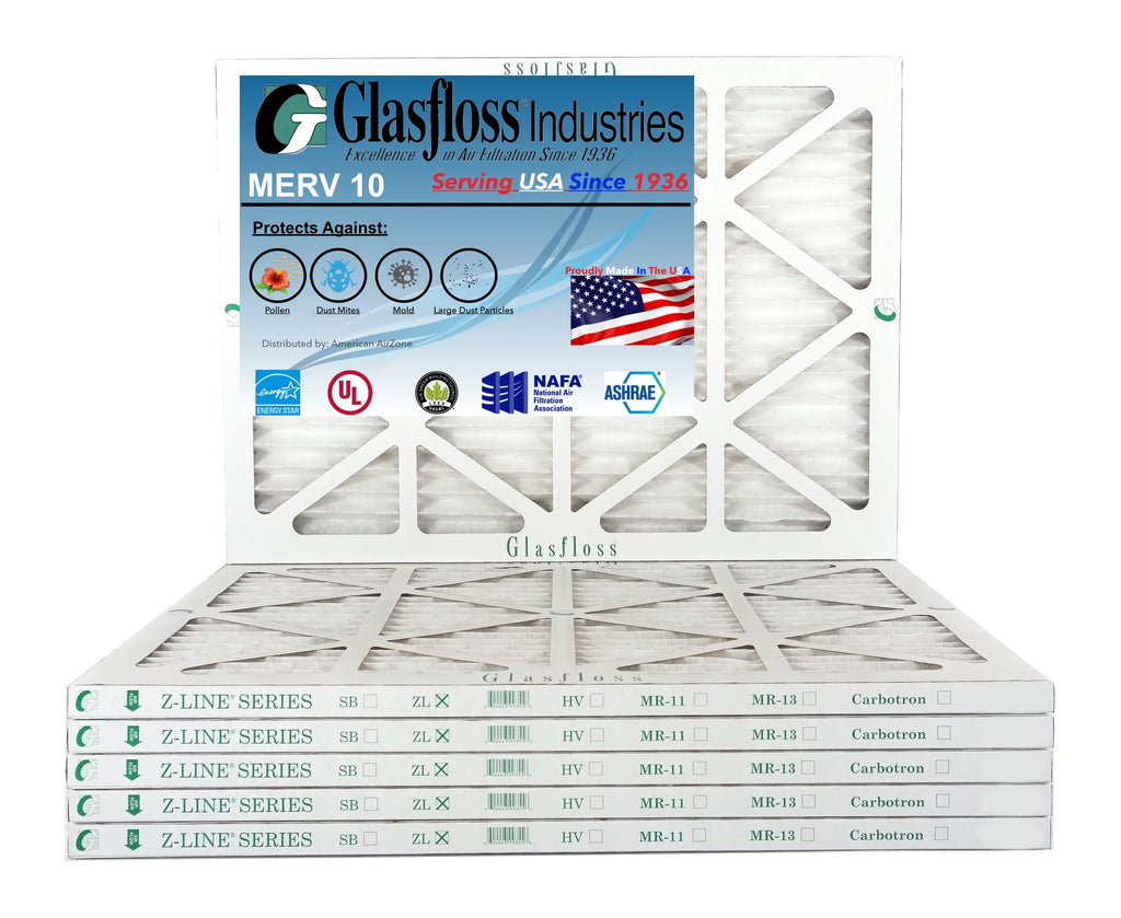 Glasfloss 20x34x1 - MERV 10 -Qty:6 - Furnace Air Filter - Made in USA (Actual Size: 19.5 x 33.5x7/8 inch)