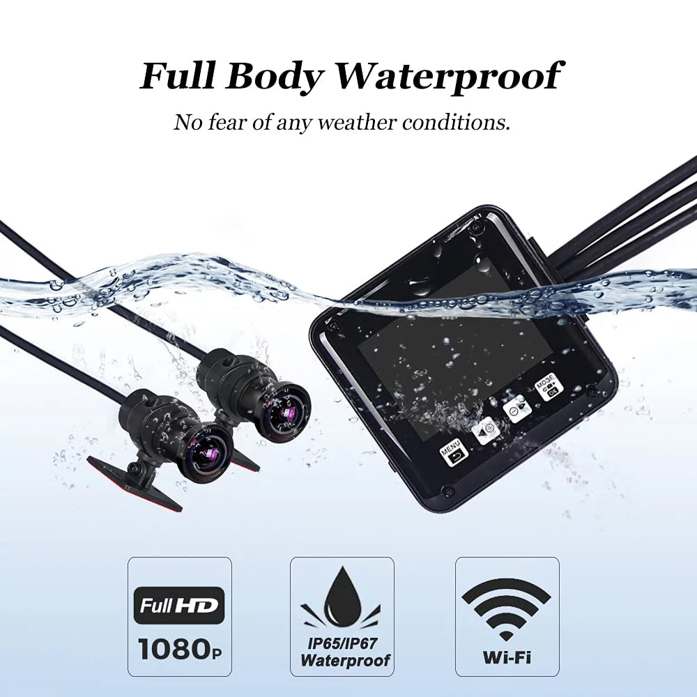 VSYSTO 2 Inch Screen HD 1080P Motorcycle Dash Cam, Full Body Waterproof SonyIMX307 150° Wide Angle Fish Eye Lens Front and Rear Camera, WDR, Night Vision, Loop Recording, G-sensor