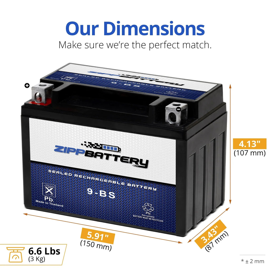 Zipp Battery YTX9-BS (9-BS 12 Volt,8 Ah, 120 CCA) Motorcycle Battery for Kawasaki 636cc Zx636-b C Ninja Zx-6r 2003