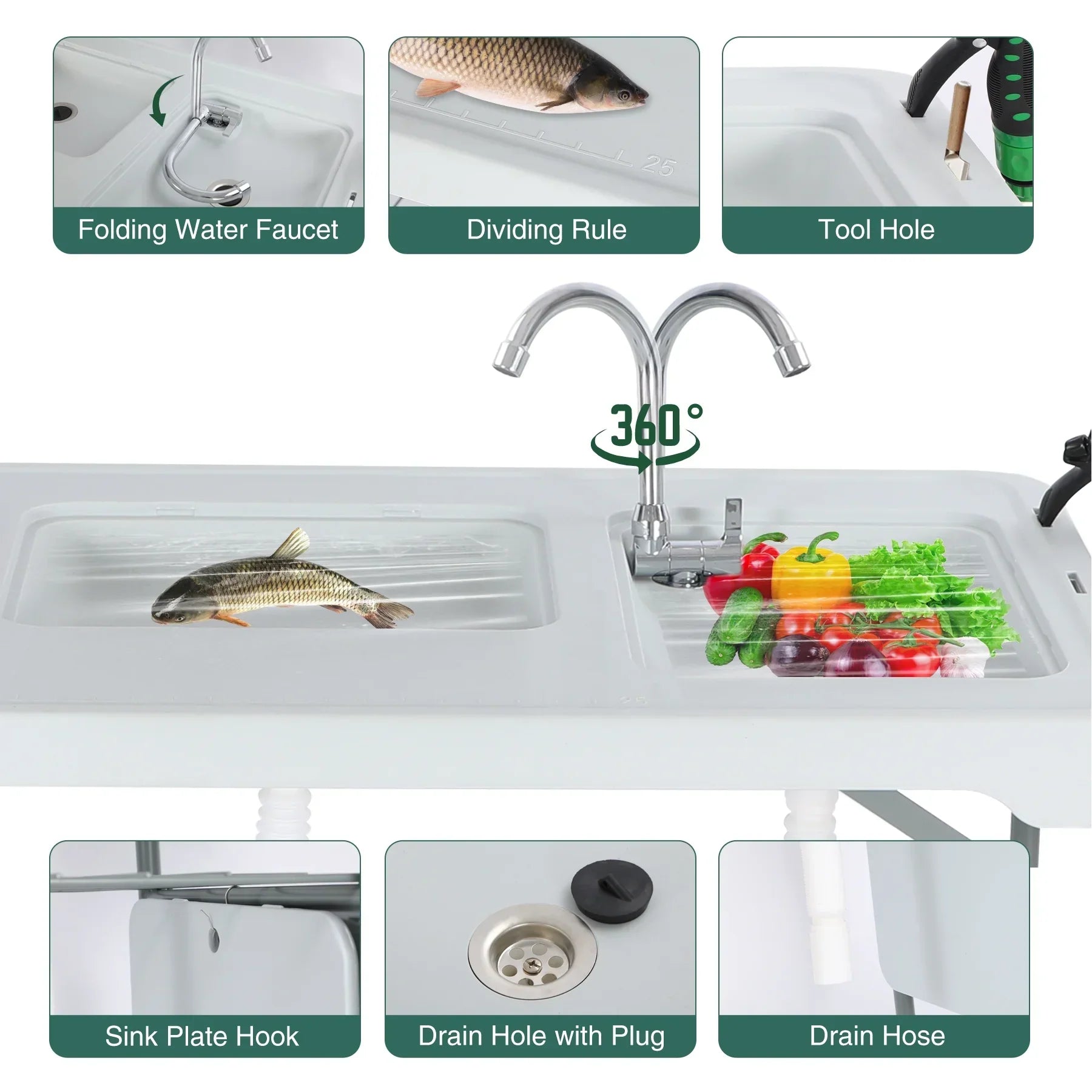 REDCAMP Folding Fish Cleaning Table with 2 Sinks and Sprayer, Outdoor Camping Sink Station w/ Flexible Faucet/Drainage Hoses/Rack/Basket, Portable Camping Table for Garden Beach Patio Picnic