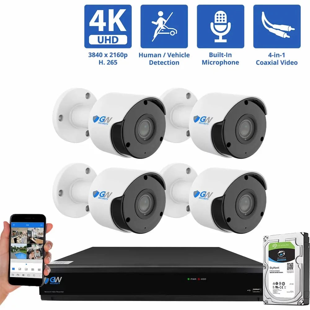 GW Security 8MP Security Camera System Outdoor with AI Face/Human/Vehicle Detection, 8 Channel 4K DVR and 4 x 3840TVL 8MP Microphone Home CCTV Cameras, Smart AI Alert & Playback, 1TB Hard Drive