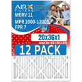 20x36x1 Air Filter MERV 11 Rating, 12 Pack of Furnace Filters Comparable to MPR 1000, MPR 1200 & FPR 7 - Made in USA by AIRX FILTERS WICKED CLEAN AIR.