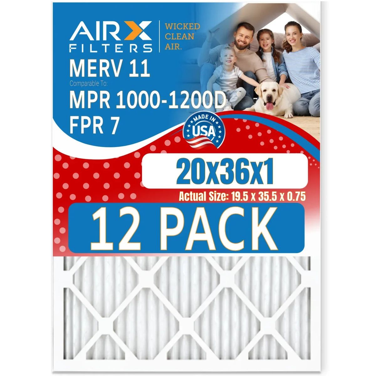 20x36x1 Air Filter MERV 11 Rating, 12 Pack of Furnace Filters Comparable to MPR 1000, MPR 1200 & FPR 7 - Made in USA by AIRX FILTERS WICKED CLEAN AIR.