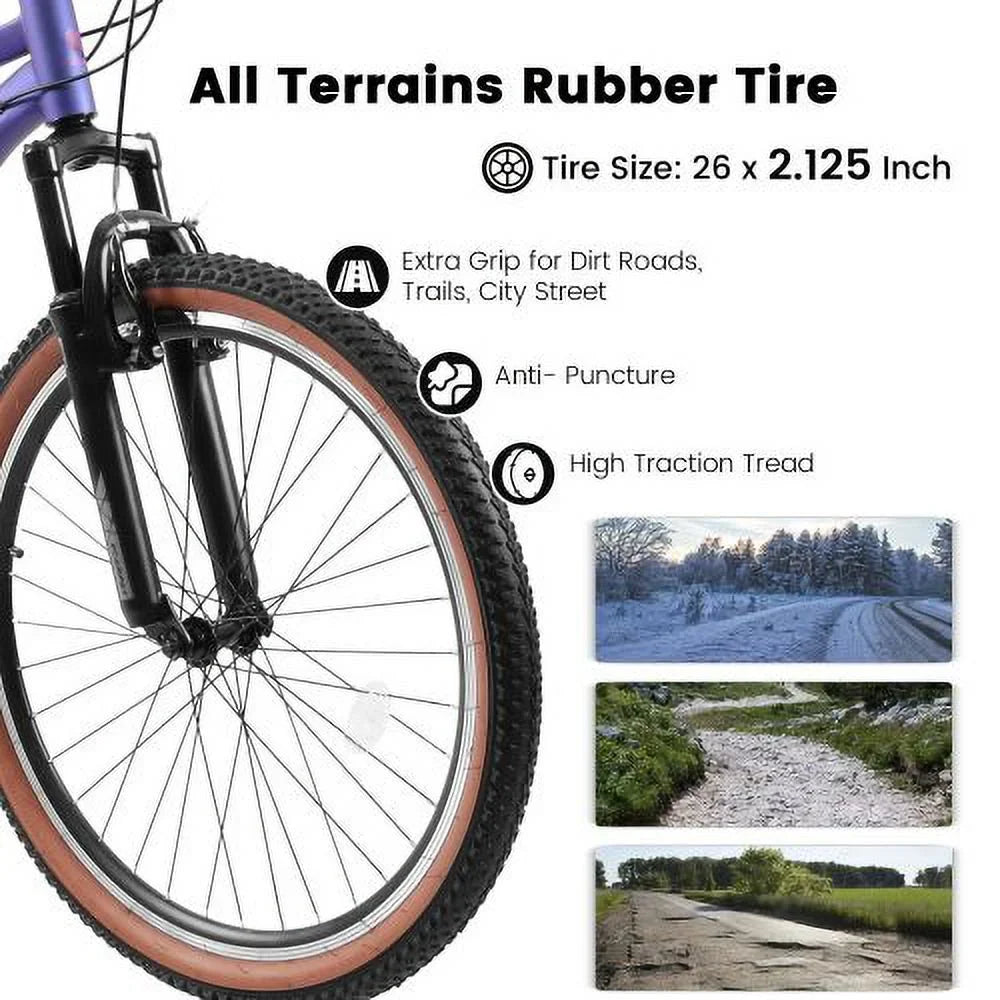 Mountain Bike 26 Inch Wheel, 21-Speed U-Brakes Twist Shifter, Carbon Steel Frame Youth Teenagers Mens Womens Trail Commuter City Snow Beach Mountain Bicycles(Blue-Purple)