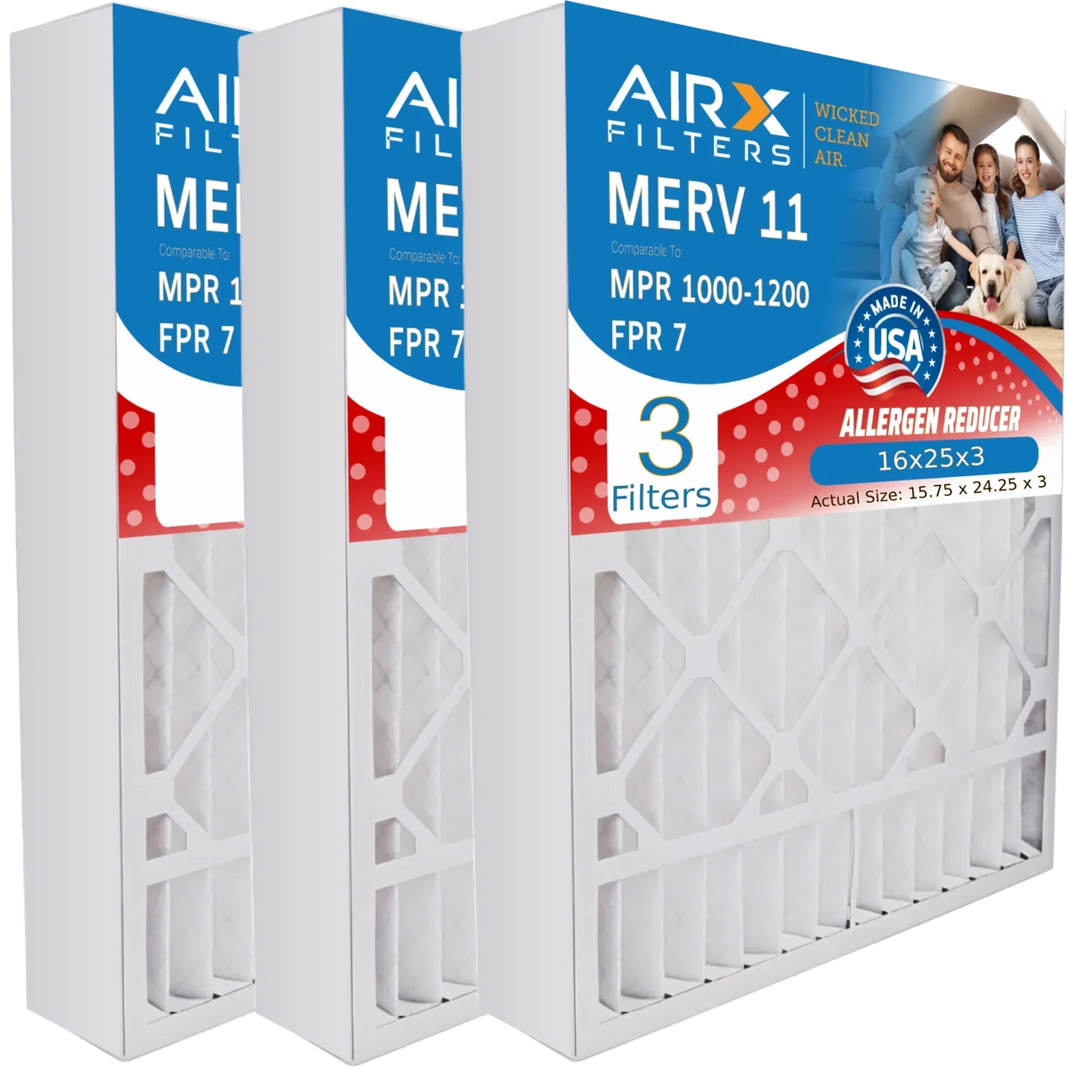 16x25x3 Air Filter MERV 11 Comparable to MPR 1000, MPR 1200 & FPR 7 Compatible with Lennox X0581 Air Filter 3 Pack16x25x3 by AIRX FILTERS WICKED CLEAN AIR.