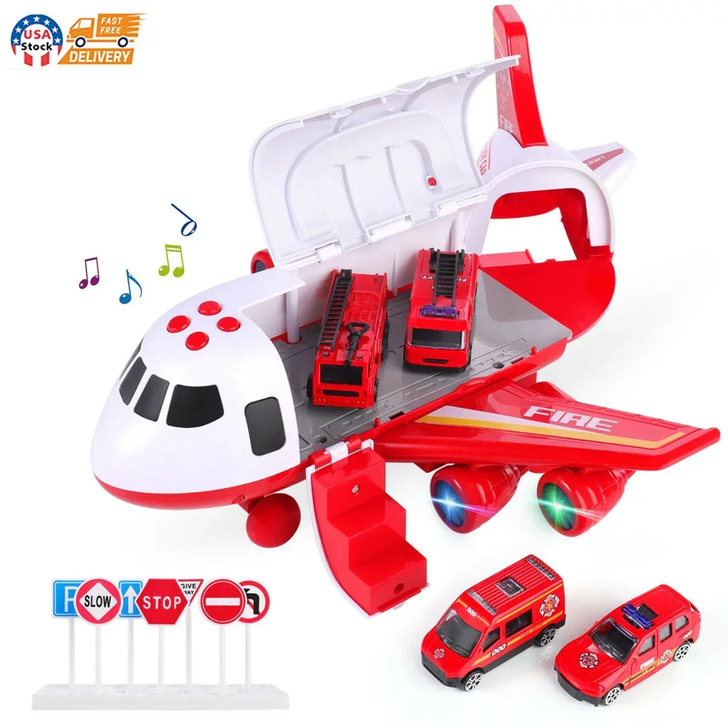SHANNA Airplane Toy Fire Truck Playset with Music and Lights, Transformable Airplane Storage Cart, 3-6 Years Old Boys and Girls Birthday Christmas Gift (Red)