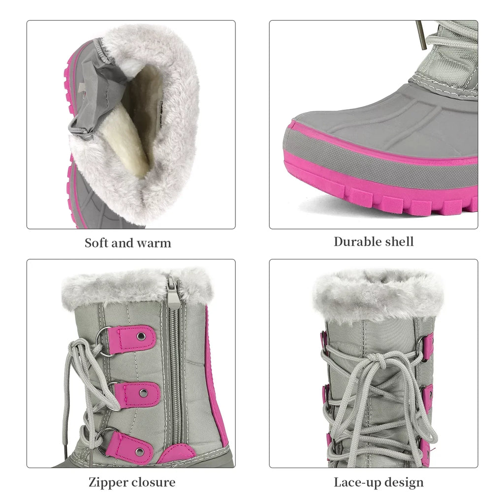 Dream Pairs Boys Girls Toddler Kids Ankle Winter Snow Boots Faux Fur-Lined Soft Boots Shoes Warm FORESTER GREY/FUCHSIA Size 11 little kid