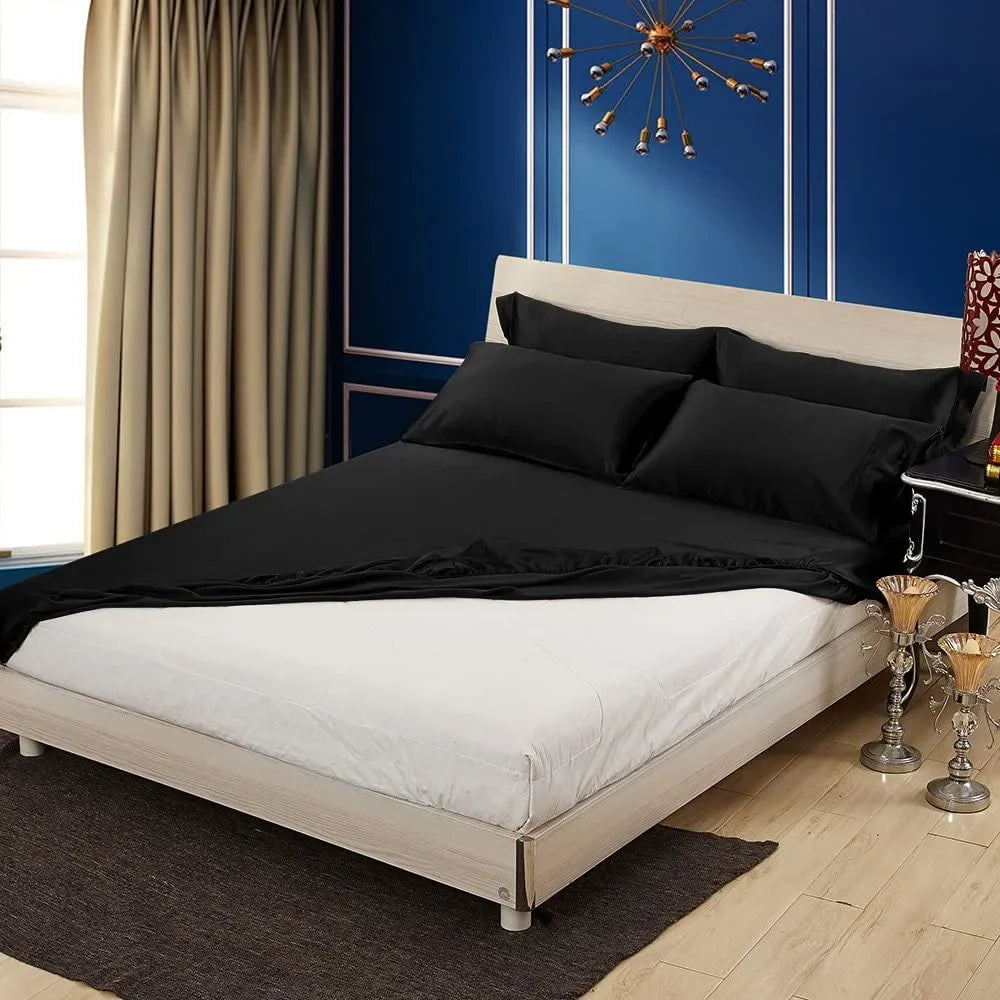 HAOFEI Luxury Mulberry Silk Fitted Sheet 19 Momme Seamless, Queen, Black