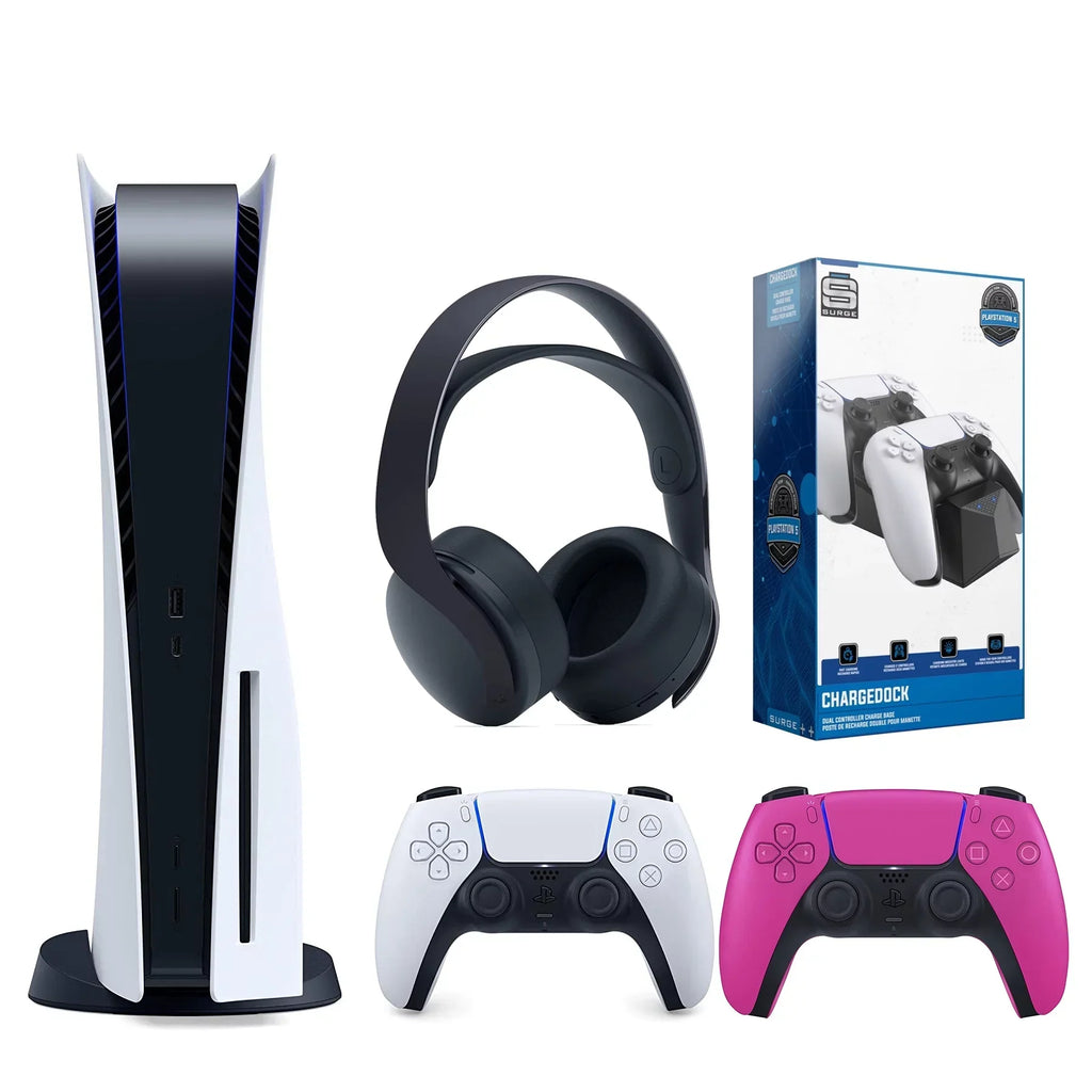 Sony Playstation 5 Disc Version (Sony PS5 Disc) with Extra Nova Pink Controller, Black PULSE 3D Headset and Dual Charging Station Bundle