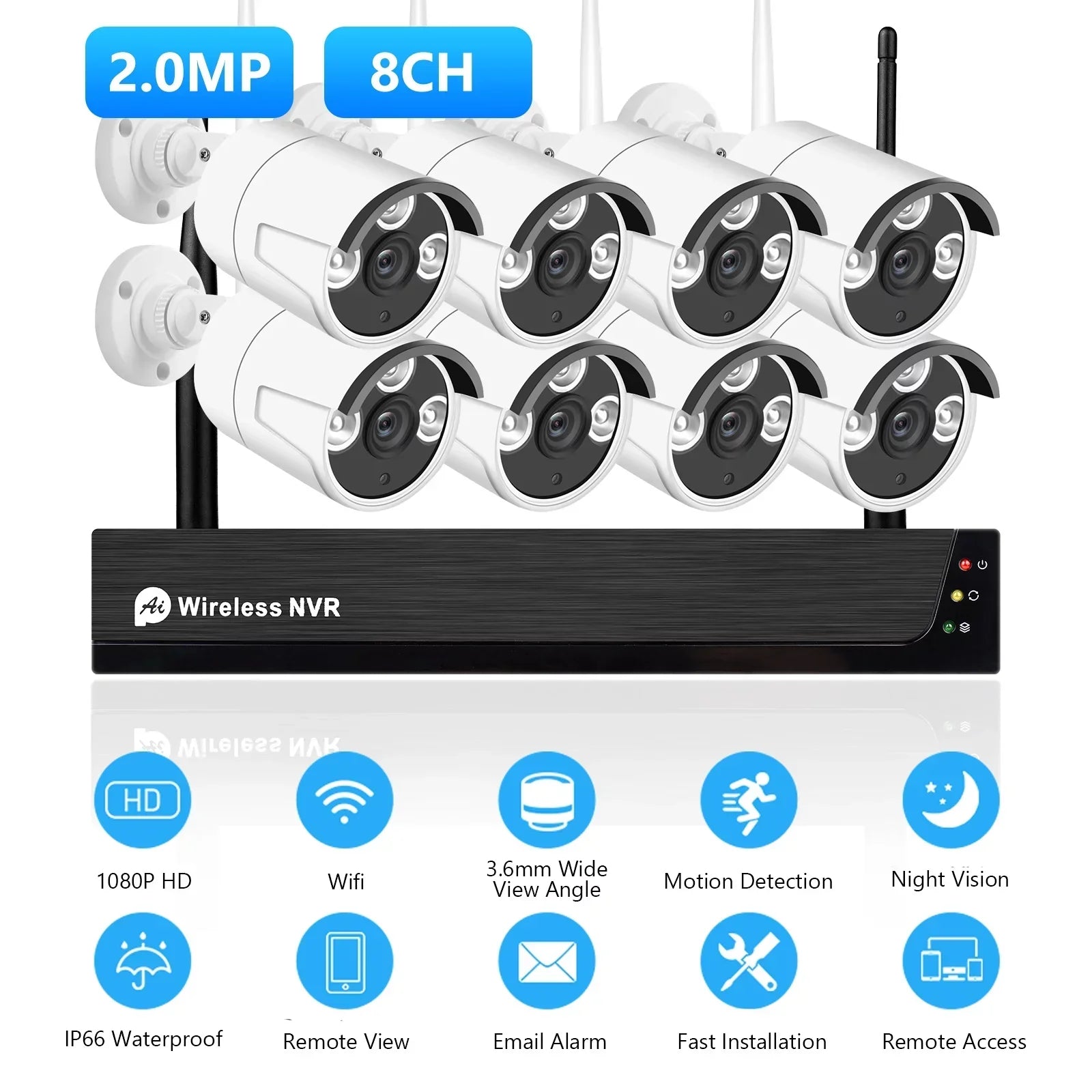 8CH 1080P Wireless Camera System, 8Channel 1080P CCTV NVR + 8PCS 1080P 2.0MP Indoor Outdoor IP Cameras with Night Vision, Motion Alert, Tuya Smart App Remote Access, No Hard Drive