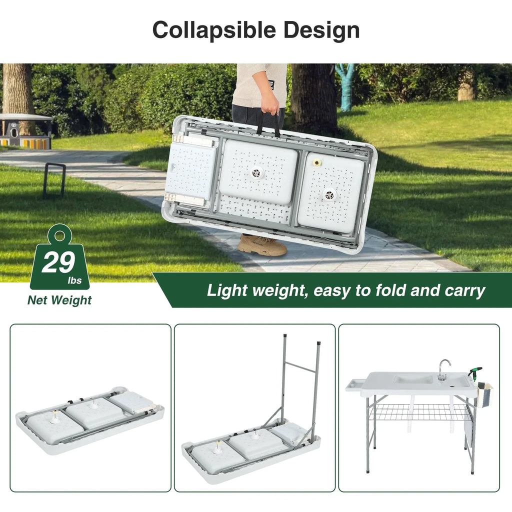 REDCAMP Folding Fish Cleaning Table with 2 Sinks and Sprayer, Outdoor Camping Sink Station w/ Flexible Faucet/Drainage Hoses/Rack/Basket, Portable Camping Table for Garden Beach Patio Picnic