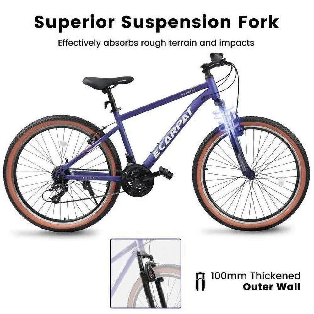 Mountain Bike 26 Inch Wheel, 21-Speed U-Brakes Twist Shifter, Carbon Steel Frame Youth Teenagers Mens Womens Trail Commuter City Snow Beach Mountain Bicycles(Blue-Purple)