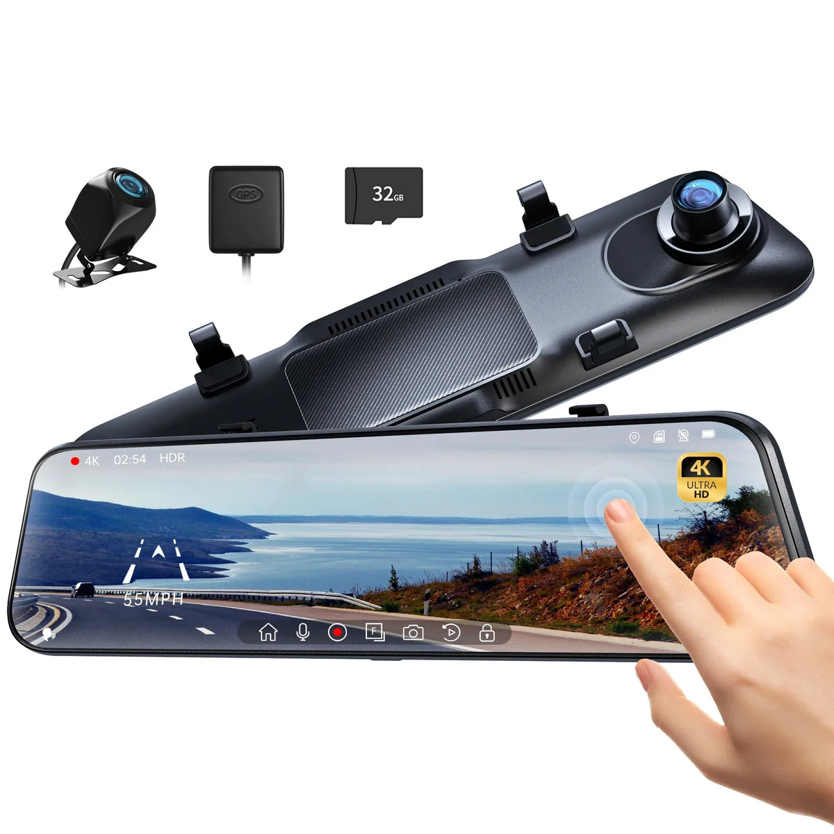 Pre-Owned Pelsee 12" 4K Mirror Dash Cam Backup Camera with Free 32GB Card & GPS, Smart Rearview Mirror for Cars & Trucks, Full HD Front and Rear View Dual Cameras, Night Vision,Parking Assistance