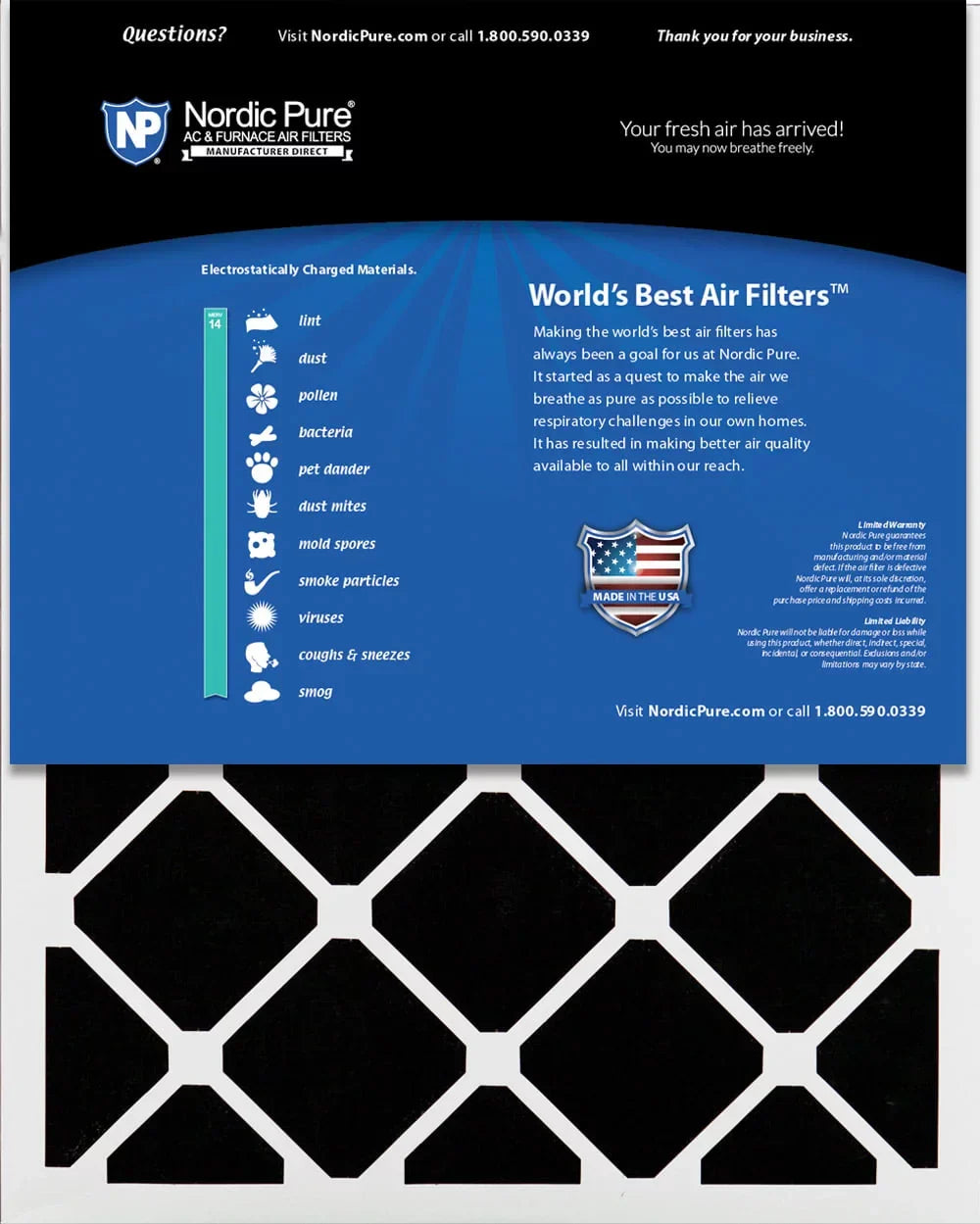 Nordic Pure 24x30x2 Pleated Air Filters MERV 14 Plus Carbon 3 Pack