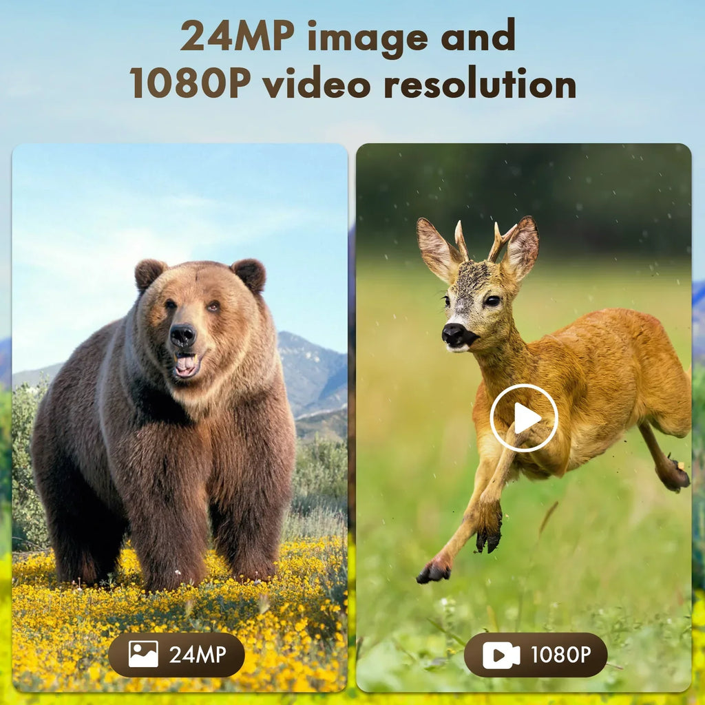 CAMPARK Solar Trail Camera 24MP 1080P Game Camera with 2500mAh Built-in Lithium Battery Rechargeable Night Vision Waterproof IP66 Motion Activated 0.1s Trigger Speed 120°Wide Angle Hunting Cam