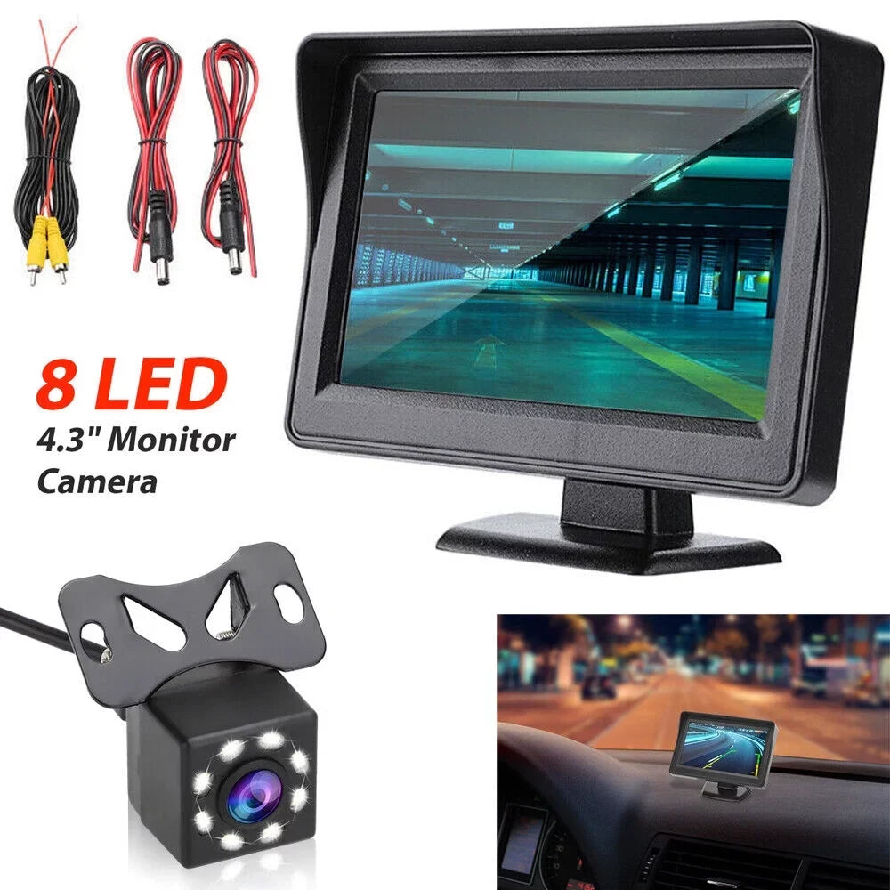 Backup Camera 4.3 Inch HD 720P Car Backup Camera for Cars, Trucks, Pickups, Suvs Easy Installation Waterproof Night Vision 8 LED Rear Backup Camera One Power System Reverse/Continuous Use Grid Lines