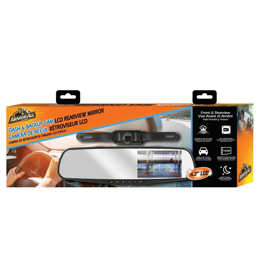 Armor All 720P HD Rearview Mirror Dash and Backup Camera, 4.3 Inch LCD Screen, Instant Motion Direction/Field Of View, 16GB Storage Card Included