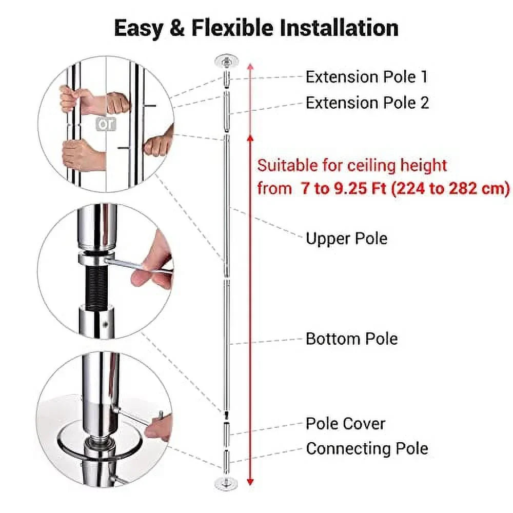 AW 9.25 FT Portable Dance Pole Kit Static Spinning Pole Dancing Pole Strip Poles for Home Removable 45mm Dance Pole Gym Party Club Exercise Fitness Silver/Black/Colorful/Gold, Max Load 1102 Lbs