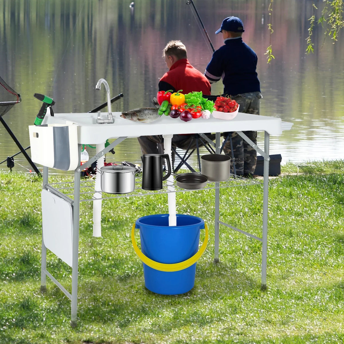 REDCAMP Folding Fish Cleaning Table with 2 Sinks and Sprayer, Outdoor Camping Sink Station w/ Flexible Faucet/Drainage Hoses/Rack/Basket, Portable Camping Table for Garden Beach Patio Picnic