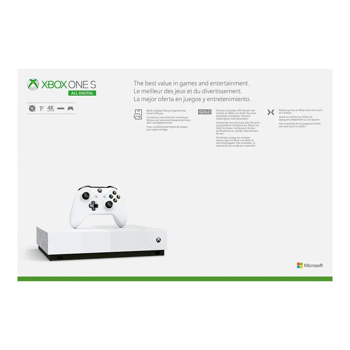 Used Xbox One S All Digital Edition with Xbox One Wireless Controller 1TB (Disc-free gaming) - US/Canada - White