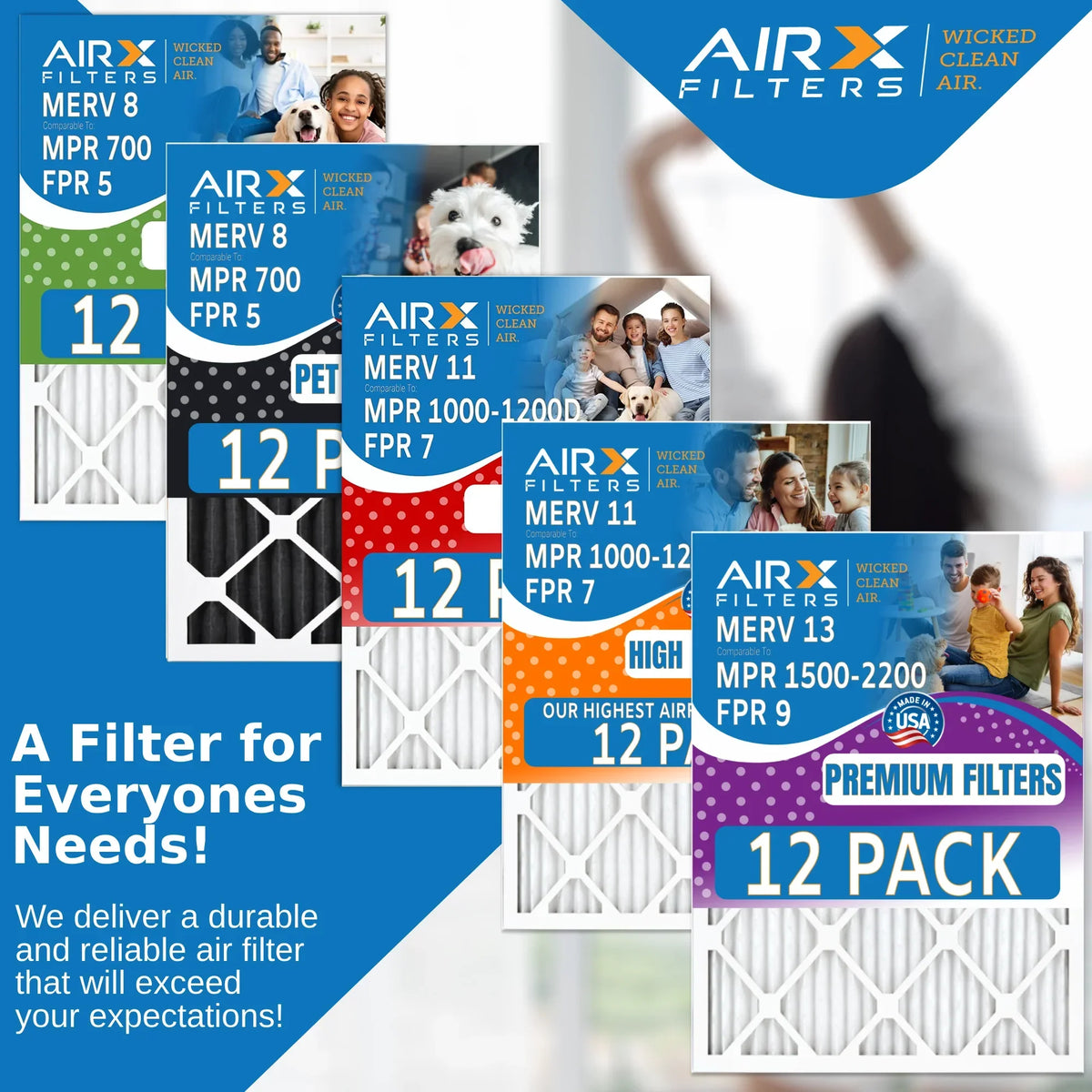 12x12x1 Air Filter MERV 8 Rating, 12 Pack of Furnace Filters Comparable to MPR 700 & FPR 5 - Made in USA by AIRX FILTERS WICKED CLEAN AIR.