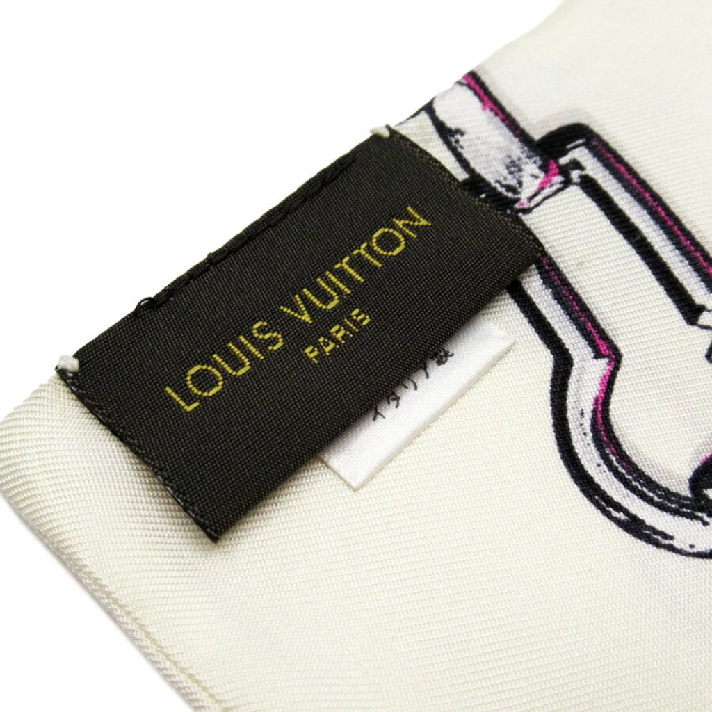 Pre-Owned Louis Vuitton Bandeau Ribbon Scarf Ivory x Blue 100% Silk MP1691 (Good)