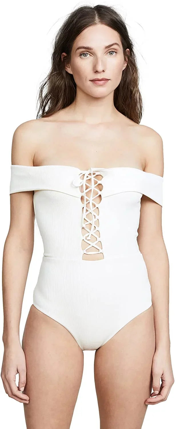 L*Space CREAM Anja Lace-Up Bandeau One Piece Swimsuit, US 6