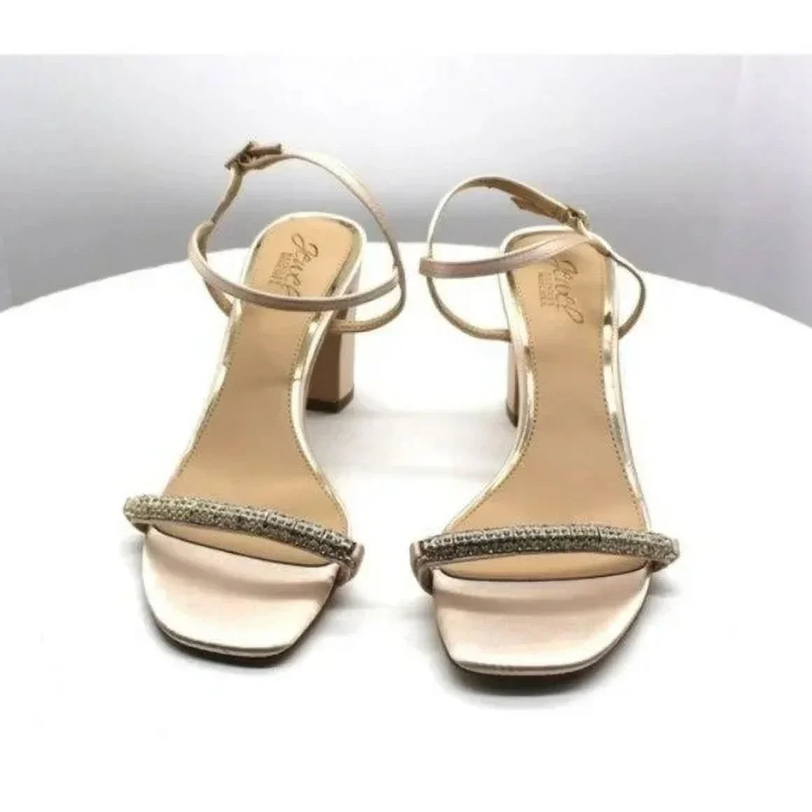 JEWEL BADGLEY MISCHKA Womens Beige Rhinestone Ankle Strap Charlee Round Toe Block Heel Buckle Dress Heeled Sandal 9.5 M