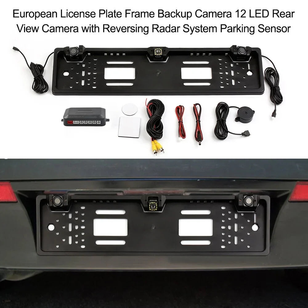 European License Plate Frame Camera - 12 LED Rear View Camera with Reversing System and Parking Sensor Integration