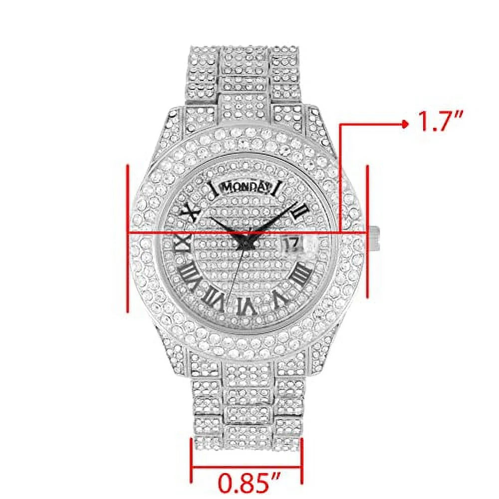Charles Raymond Big Rocks Fully Iced Out Diamond Mens Watch w/Easy Read Date &Day and Colorful Dials- Designer Hip Hop Blinged Out Timepiece - ST10535 (ST10535-RN Silver)