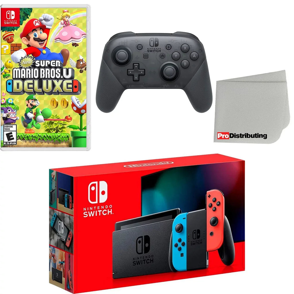 Nintendo Switch Console Neon Red & Blue with Extra Wireless Controller, New Super Mario Bros. U Deluxe and Screen Cleaning Cloth