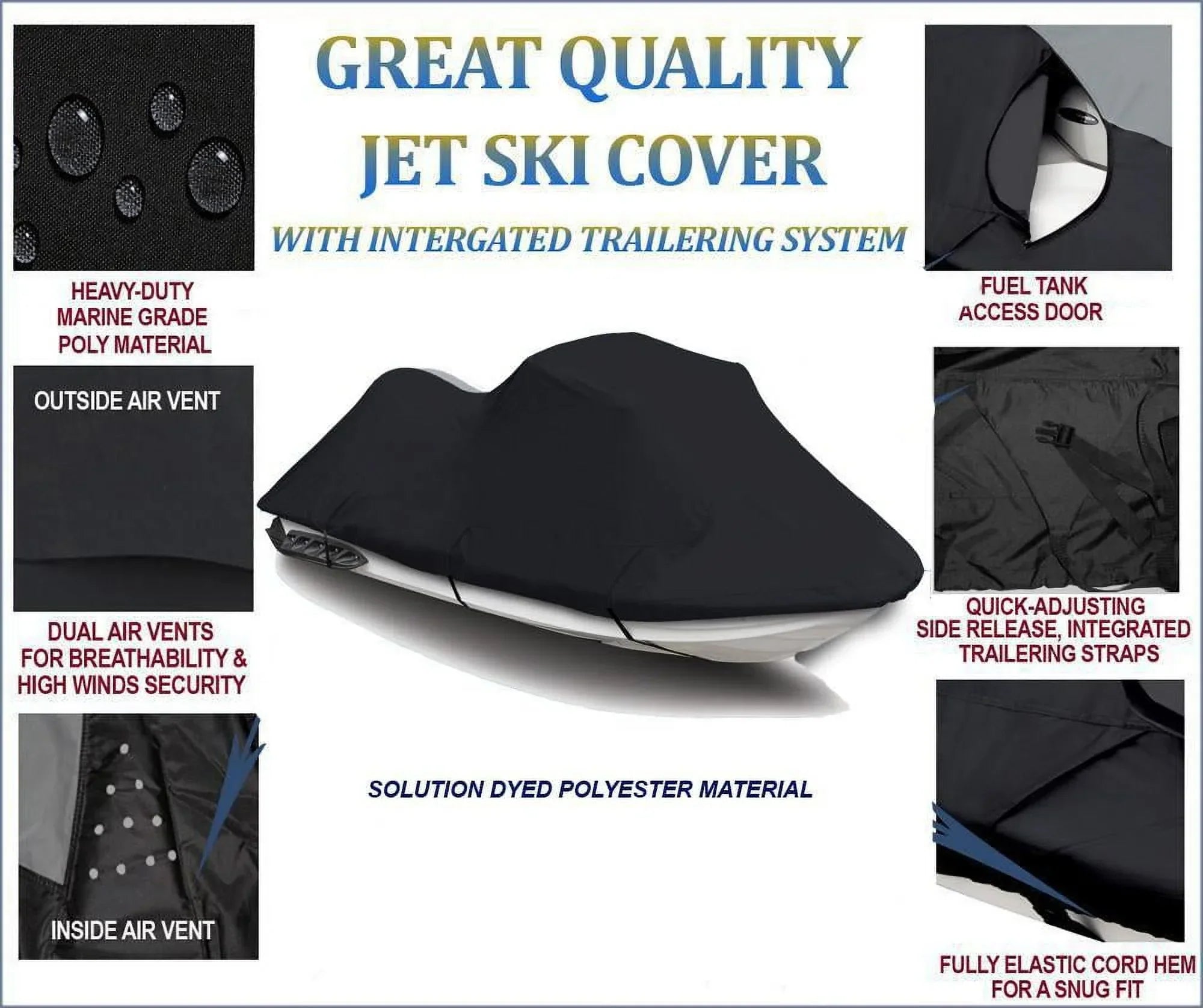 BLACK PWC 600D JET SKI Cover Compatible for Kawasaki STX-12F / JT1200D7F 2003 2004 2005 2006 2007 2008