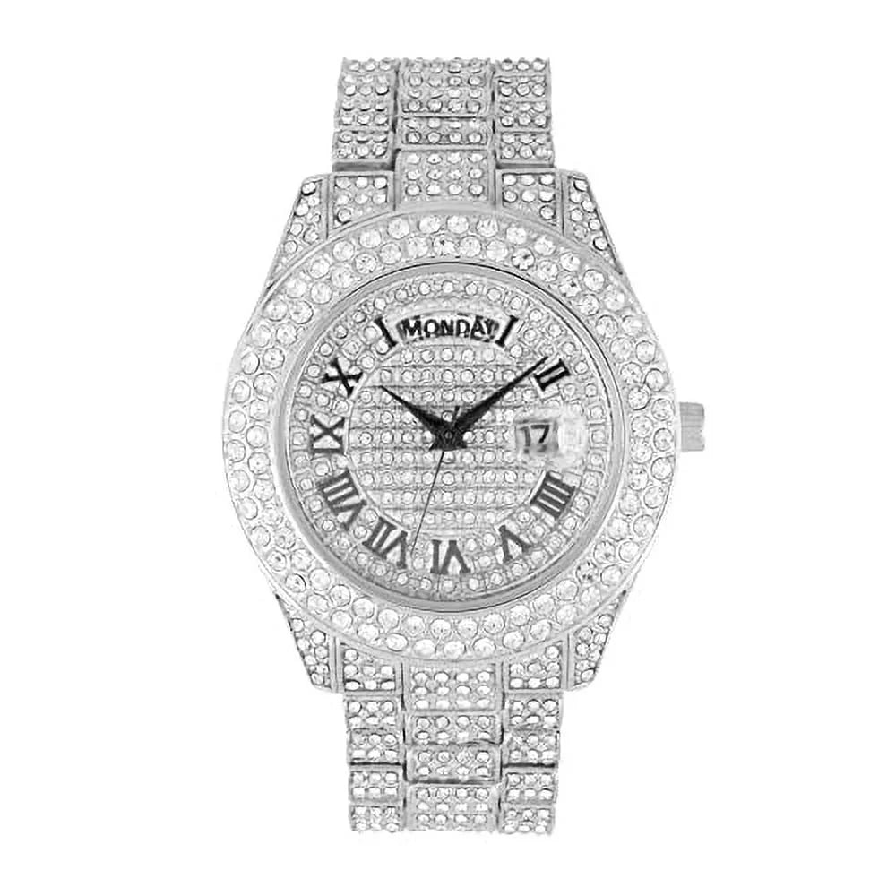 Charles Raymond Big Rocks Fully Iced Out Diamond Mens Watch w/Easy Read Date &Day and Colorful Dials- Designer Hip Hop Blinged Out Timepiece - ST10535 (ST10535-RN Silver)