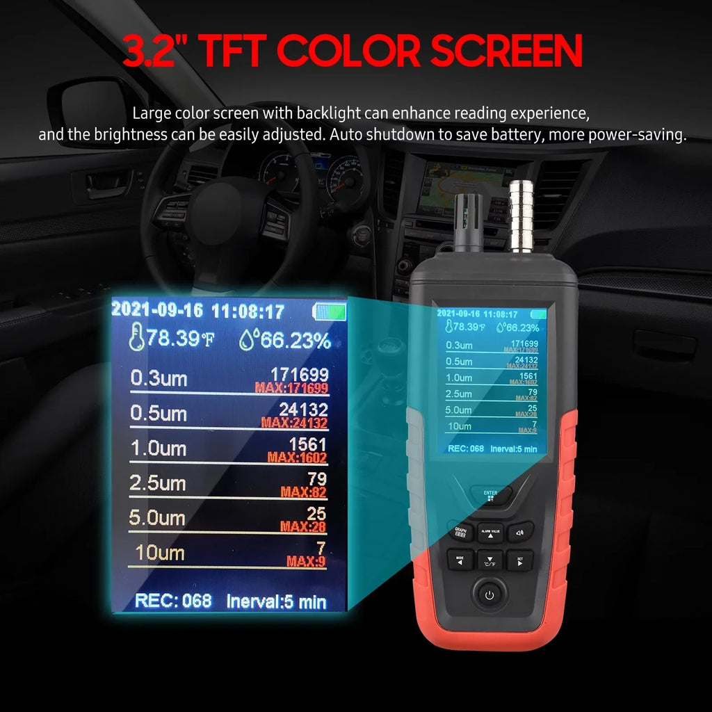Walmeck Dust Particle Counter 6-Channel 0.3um/ 0.5μm/ 1.0μm/ 2.5μm/ 5.0μm/ 10um PM2.5 PM10 Detector with 3.2-inch Backlight TFT Color Screen Air Quality Tester Temperature Humidity Home Offi