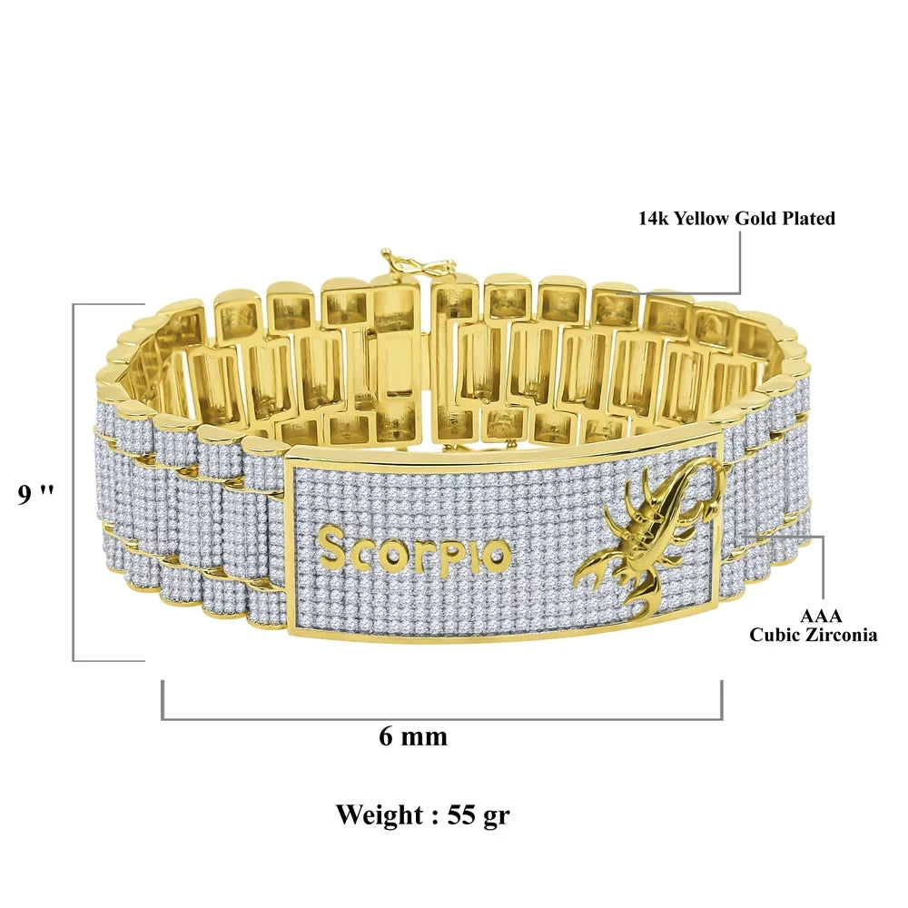 Mens Zodiac Sign Astrology Horoscope Scorpio 14K Gold Finish Simulated Diamond Bracelet 8.5''