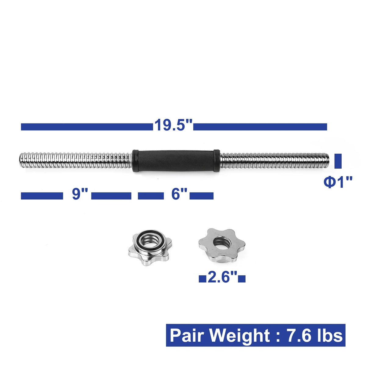 XPRT Fitness 19.5 ” Dumbbell Handles Set - Solid Steel, 1 inch Standard Grip, Spinlock Collars – Standard Weight Plates Handles for Home Gym Workouts, Bodybuilding, Strength Training – Rubber Handles