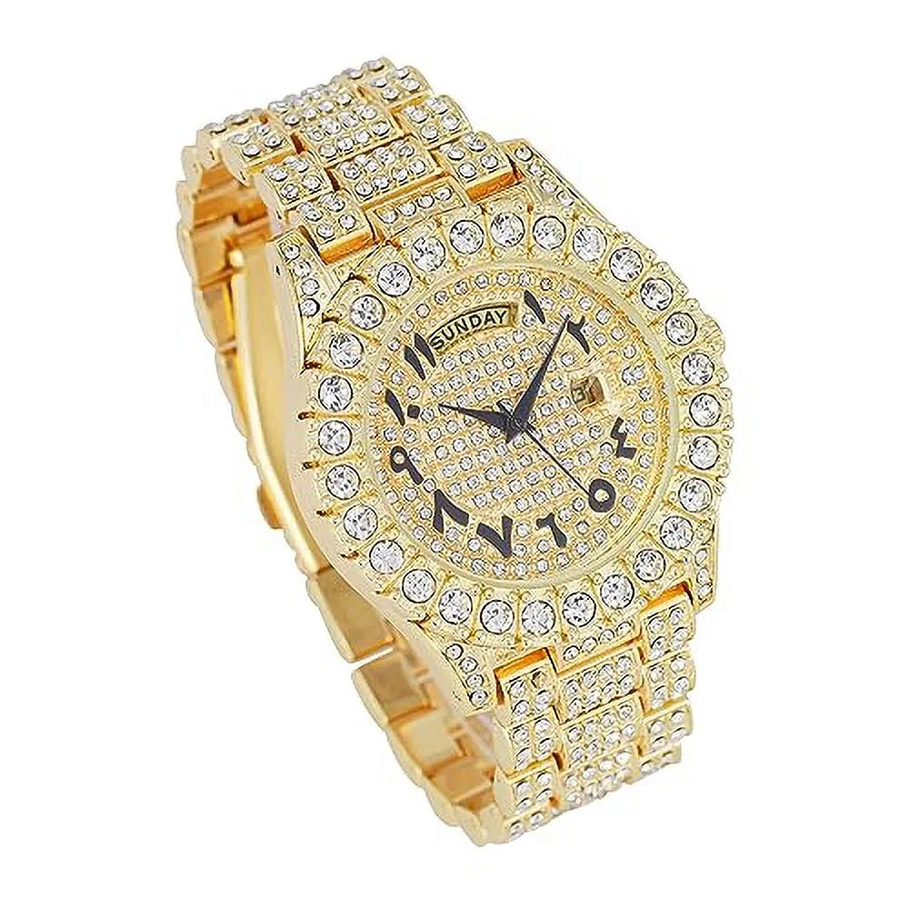 Charles Raymond Big Rocks Fully Iced Out Diamond Mens Watch w/Easy Read Date &Day and Colorful Dials- Designer Hip Hop Blinged Out Timepiece - ST10535 (ST10535-AN Gold)