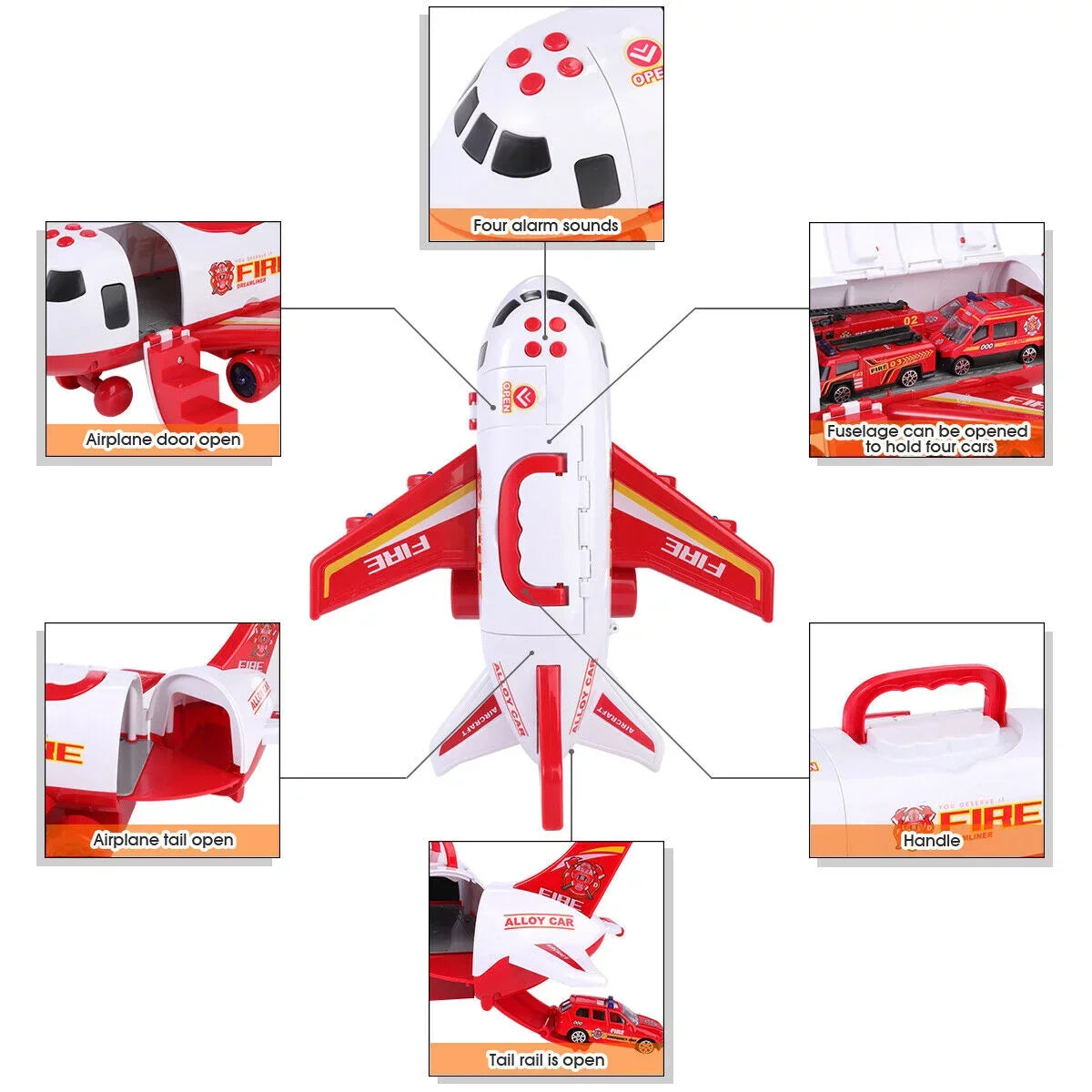 SHANNA Airplane Toy Fire Truck Playset with Music and Lights, Transformable Airplane Storage Cart, 3-6 Years Old Boys and Girls Birthday Christmas Gift (Red)