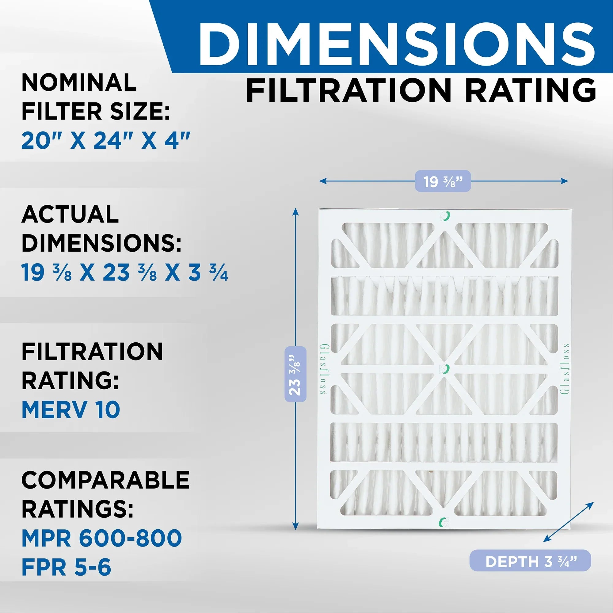 6 Pack of 20x24x4 MERV 10 Pleated 4" Inch Air Filters by Glasfloss. Actual Size: 19-3/8 x 23-3/8 x 3-3/4