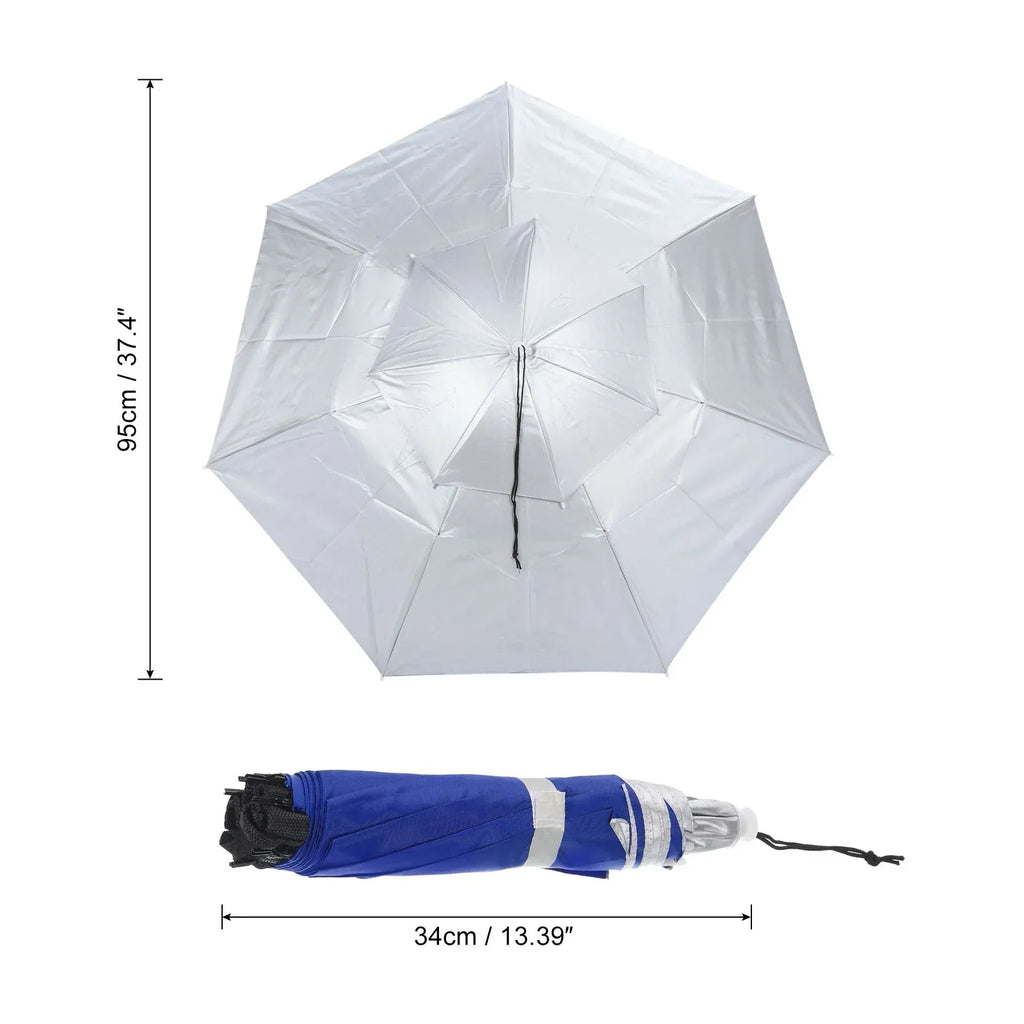 Uxcell OD 37.4" Umbrella Hat, Oxford Fabric Folding Double Layer Sun Rain Cap with Adjustable Strip, Silver